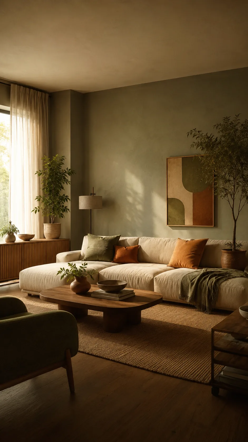 Earthy living room with olive walls, warm wood, and natural textiles
