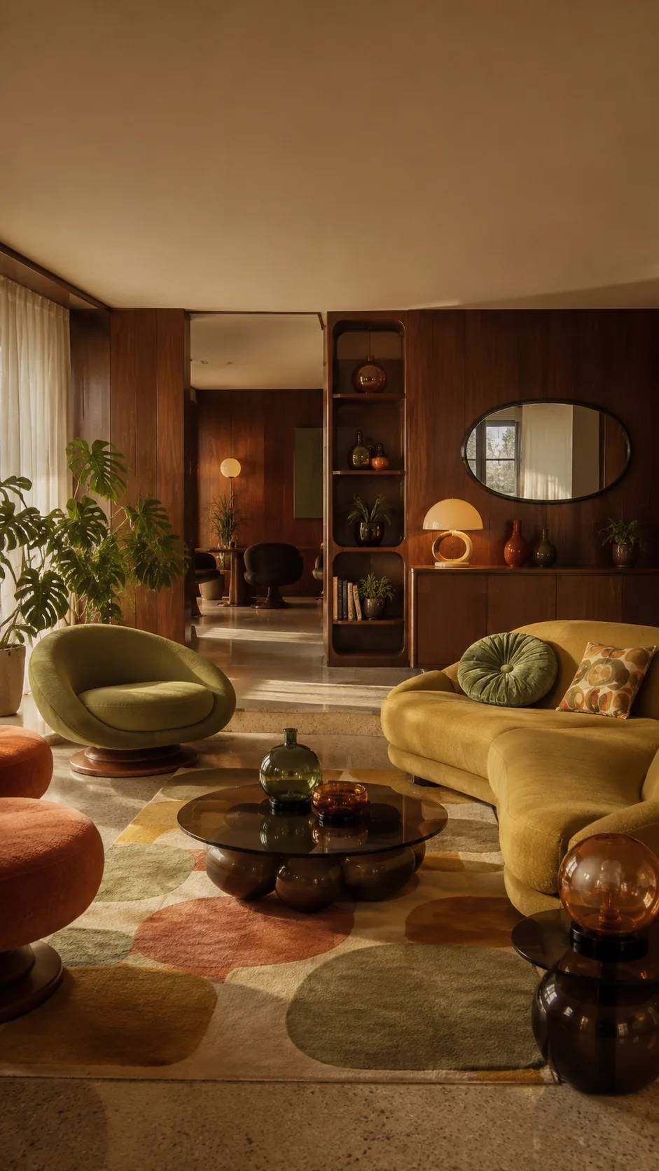 Retro-inspired living room with sculptural seating and warm walnut